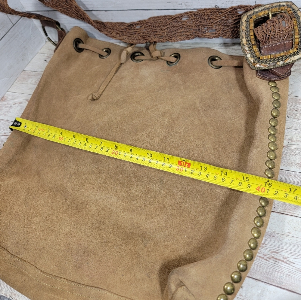 Leatherock Large  Studded Suede Bucket Hobo Handbag With Braided Strap - Picture 4 of 13